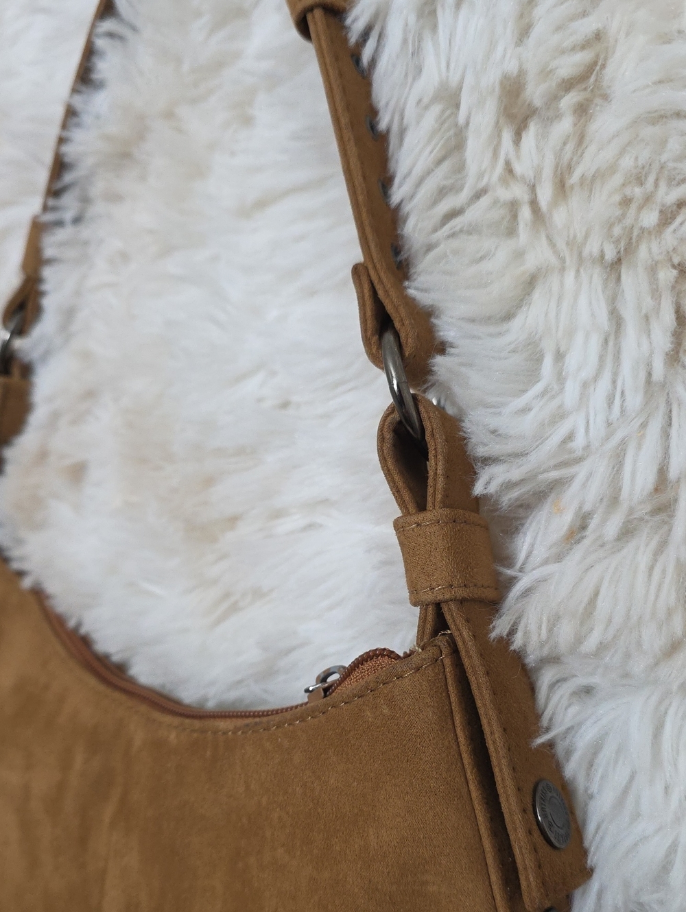 Hot Kiss Brown Faux Suede Mini Shoulder Bag Y2K Adjustable Strap Purse - Picture 3 of 9